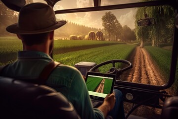close up hands using a tablet in a field agriculture. generative ai