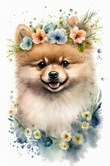 Cute doggy portrait with flowers crown. Watercolor baby animal print. Beautiful pet animal cartoon drawing poster.  Funny mammal character nature  beauty dog portrait. include "Generative AI"