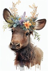 Watercolor moose portrait with flowers crown. Cartoon Cute character wildlife moose animal drawing Isolated white background. Beauty animal print. include "Generative AI"