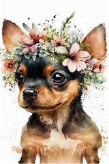 Watercolor dog baby portrait with flowers crown. Cute illustration vintage style. Animal cartoon drawing poster print. include "Generative AI"