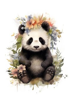 Beautiful japanese poster with colorful watercolor panda. Cartoon panda with flowers crown collection on colorful backdrop. Cute wildlife animal Beauty portrait. include "Generative AI"