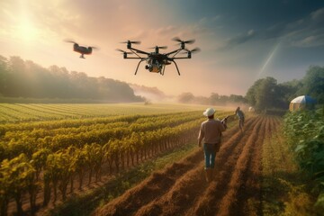 Fototapeta na wymiar Drone flight and corn field spraying. Modern agriculture. generative ai