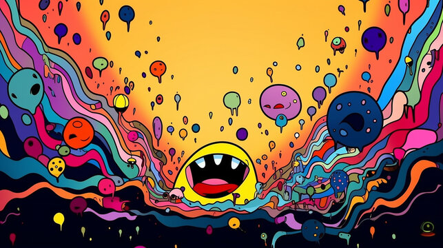 Psychedelic cartoon apocalypse characters marvel comics wallpaper picture AI generated art