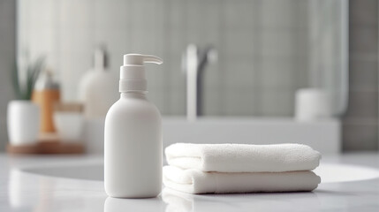 Fototapeta na wymiar Toiletries Soap Towel Creams and Lotions. Light Elegant Modern Bathroom Interior with White Marble Tabletop Generative AI