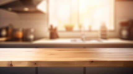 Fototapeta na wymiar Wooden Table on Blurred Kitchen Counter (Room) Background. Beautiful Empty Wooden table Countertop and Modern Kitchen Interior Background in Clean and Bright Banner for Product Montage. Generative AI