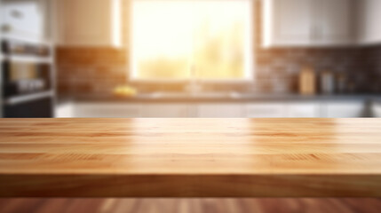 Fototapeta na wymiar Wooden Table on Blurred Kitchen Counter (Room) Background. Beautiful Empty Wooden table Countertop and Modern Kitchen Interior Background in Clean and Bright Banner for Product Montage. Generative AI