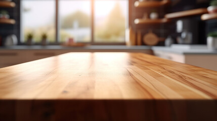 Wooden Table on Blurred Kitchen Counter (Room) Background. Beautiful Empty Wooden table Countertop and Modern Kitchen Interior Background in Clean and Bright Banner for Product Montage. Generative AI