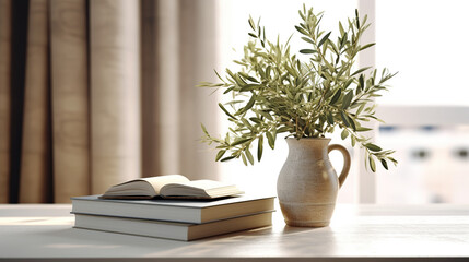A beautiful model interior with a vase with plants against a gray wall, a book on a table by the window, sunlight and shadows. Generative AI