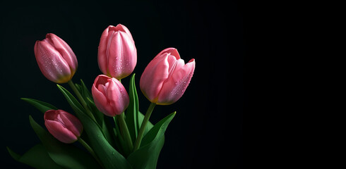Obraz na płótnie Canvas Banner of beautiful pink tulips over dark background. Generative AI.