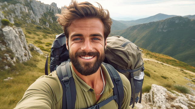 Portrait of handsome man on nature background Handsome male traveler taking selfie on hills with mountains Happy and smiling hiker taking a selfie on the top of the mountain. Generative AI