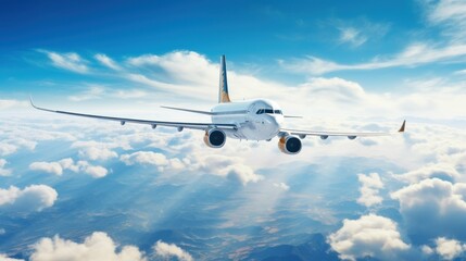 Naklejka premium Illustration of a commercial airplane flying in the sky above the clouds on a sunny day. Generative AI.