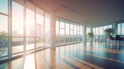 A Beautiful, Modern and Spacious Office Hall with Panoramic Windows, Beautiful Blurred Background of Modern Office Interior and Beautiful Lighting. Generative AI
