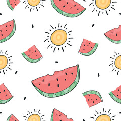 Fresh Watermelon vector seamless pattern. Watermelon and Sun pattern Summer fruit with seeds texture on white background. Can be used for print or for website. wrapping paper, textile, banner or card.