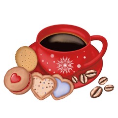 Watercolor christmas coffee and cookies. Watercolor red cup of coffee with coffee beans and cookies.