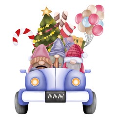 Cute gnomes with christmas truck. Cute gnomes,blue truck,christmas tree,candy cane,marshmallow,balloons and gift boxes.