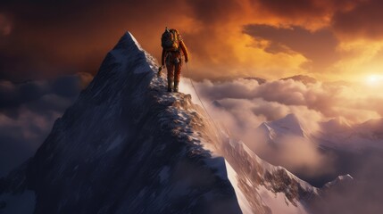 Obraz premium A man is climbing a tall snow mountain