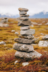 A minimalist Inukshuk made of piled stones pointing the way across the Alaskan tundra. AI generative