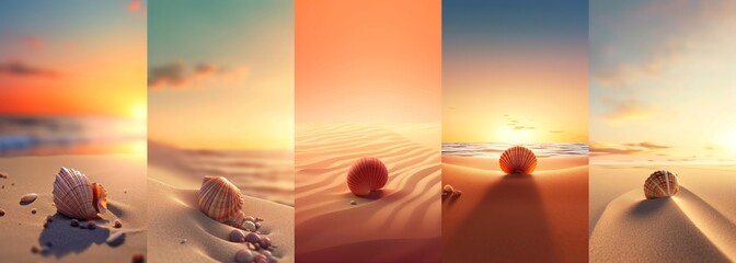 dreamy atmosphere vertical background collection set, seashell on sandy sunset beach, Generative Ai