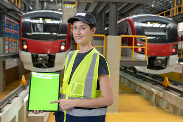 Portrait of Engineer train Inspect the Railway Electrification System track in depot of train