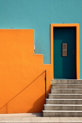 An orange wall with a door and steps, in the style of light emerald and indigo. AI generative