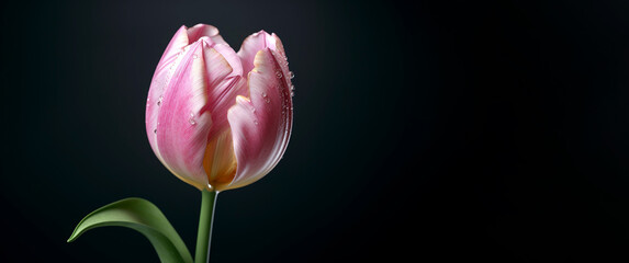 Banner of a beautiful pink tulip over dark background. Generative AI.