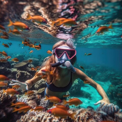 Obraz na płótnie Canvas Young girl in snorkeling mask dive underwater with tropical fishes in coral reef sea pool.