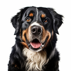 Illustration, AI generation. Bernese Mountain Dog  face shot , isolated on white background. Pet, dog.