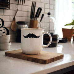 Fototapeta na wymiar Illustrations, AI generation. white mug with a painted mustache on the table against the background of the kitchen.