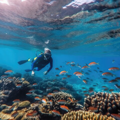 Fototapeta na wymiar Young Man in snorkeling mask dive underwater with tropical fishes in coral reef sea pool.