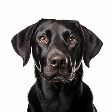 Illustration, AI generation. Black labrador face shot , isolated on white background. Pet, dog.