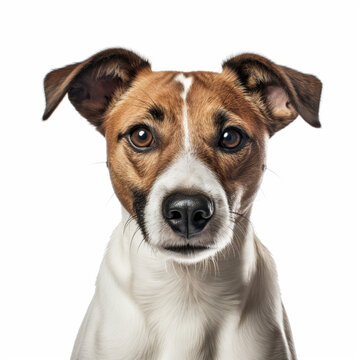 Illustration, AI generation. jack russell terrier face shot , isolated on white background. Pet, dog.