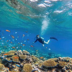 Fototapeta premium Young Man dives among corals and fishes in the ocean