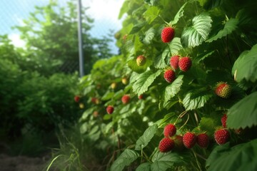 Obraz premium Fresh red raspberries hanging on the branch