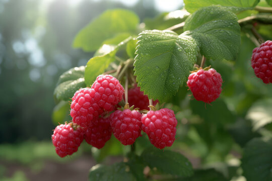 Fresh red raspberries hanging on the branch