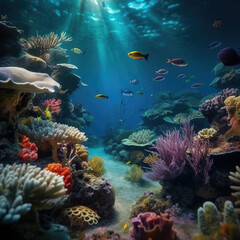 Naklejka na ściany i meble underwater paradise background coral reef wildlife nature collage with shark manta ray sea turtle fish background