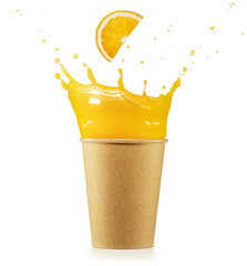Flying orange slice falling into overflowing paper cup. Freshly-squeezed orange juice in to go...