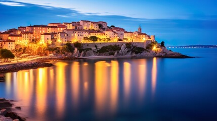 Fototapeta premium stunning coastal view and fabulous lights at night cityscape vrbnik town