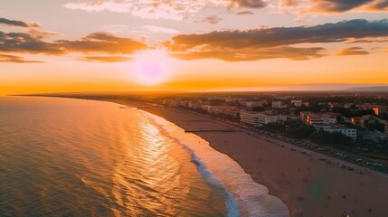 Fantastic drone view of calm sea water waves with orange sunrise sunset sunlight. Tropical island beach landscape, exotic shore coast. Summer vacation, sunset