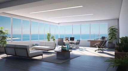 An Inside a Modern Office Meeting Room with Contemporary Chairs Around a Beautiful Table. and Spacious with Sea View Windows and Beautiful Lighting. Generative AI