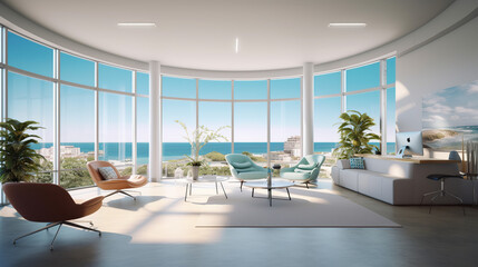 Fototapeta na wymiar An Inside a Modern Office Meeting Room with Contemporary Chairs Around a Beautiful Table. and Spacious with Sea View Windows and Beautiful Lighting. Generative AI