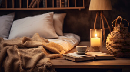 Decorate the interior of a minimalist bedroom with a simulation of home decor, a lamp, white pillows, a table, a cozy coastal style, a cozy room concept. scandinavian Generative AI