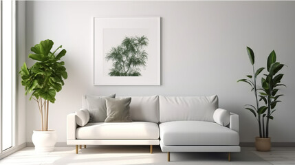 Minimal Style Living Room with Stylish Warm Home Decor with Sofa and Blank Picture Frames and Decoration with Natural Green Tropical Plants, Leaves, Generative AI