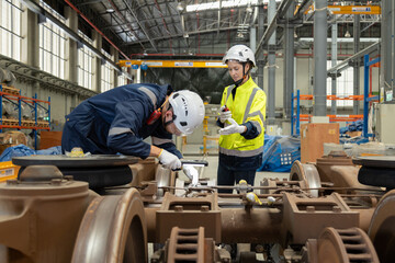 Two professional engineers checkmechanical check undercarriage of lifted electric train and maintenance of public transport trains in Asia