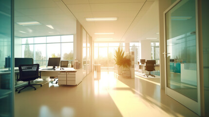 Fototapeta premium A Beautiful, Modern and Spacious Office Hall with Panoramic Windows, Beautiful Blurred Background of Modern Office Interior and Beautiful Lighting. Generative AI