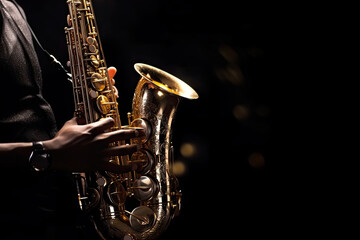 Close-up of a man with saxophone on dark background, Generative AI