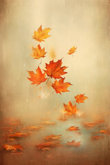 Autumn leaves falling on misty background, warm glow. AI generative