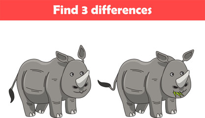 Education game for children find three differences between two rhino animal cartoon. Vector illustration © Abdulhalimahmad