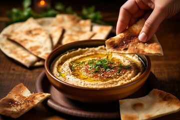 Hummus Served in a Bowl with Freshly Baked Pita Bread - Delicious Middle Eastern Cuisine Perfect for Snacking and Sharing - High-Resolution Food Photography - obrazy, fototapety, plakaty