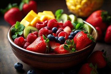 Fresh and Vibrant Bowl of Popular Fruits - Healthy and Colorful Assortment of Delicious Fruits in a Bowl