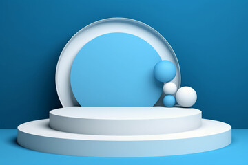 Blue 3d background vector rendering with 3d white podium and blue wall backdrop. AI generative